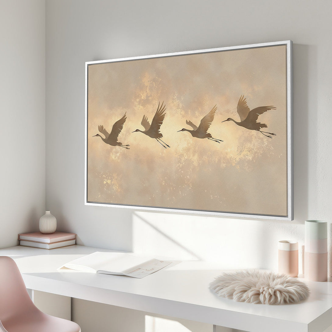 Framed Wall Art featuring elegant cranes in flight. Neutral beige and brown tones add a touch of zen and sophistication to any room.