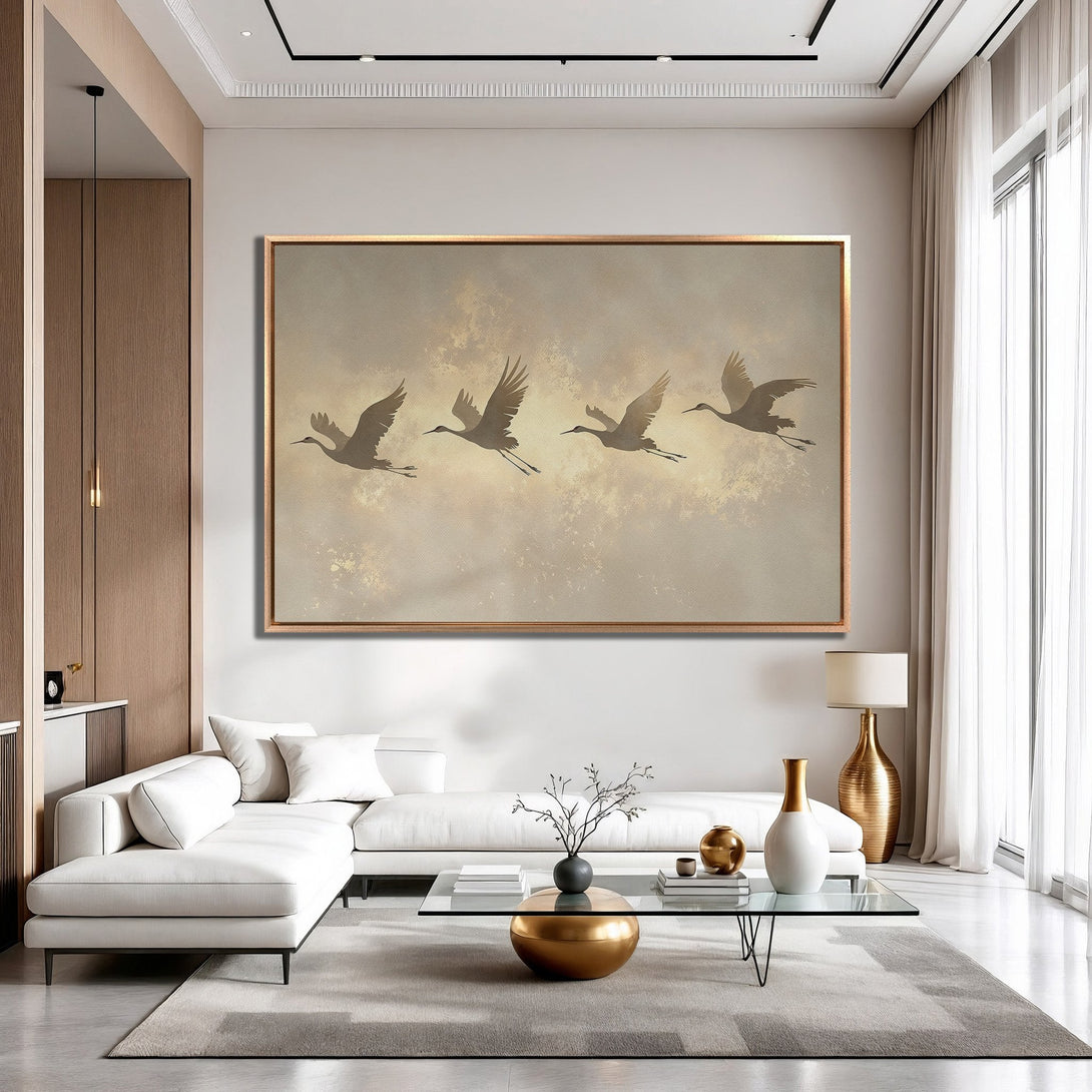 Framed Wall Art: Elegant crane silhouettes in flight, neutral color palette. Modern decor for living room. Canvas Print adds sophisticated style.
