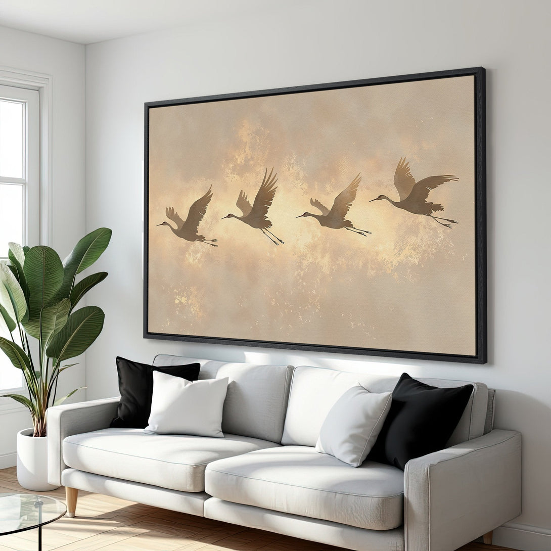 Framed Wall Art featuring elegant cranes in flight. Neutral color palette with a warm, inviting aesthetic. Perfect for adding a touch of nature to your space.