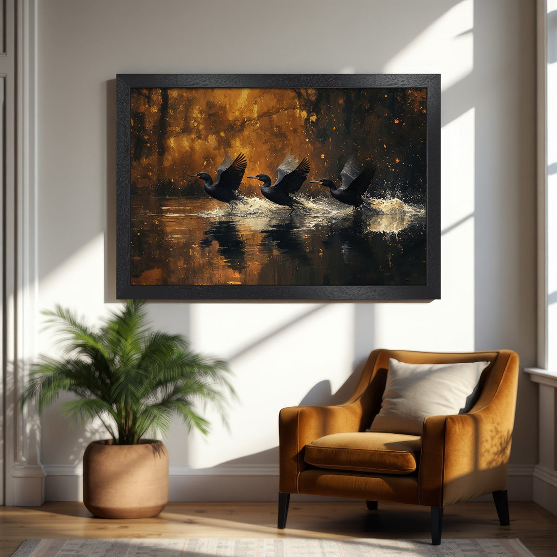 Framed Poster featuring birds taking flight over water, impressionistic style with warm gold & black tones. Perfect wall art!