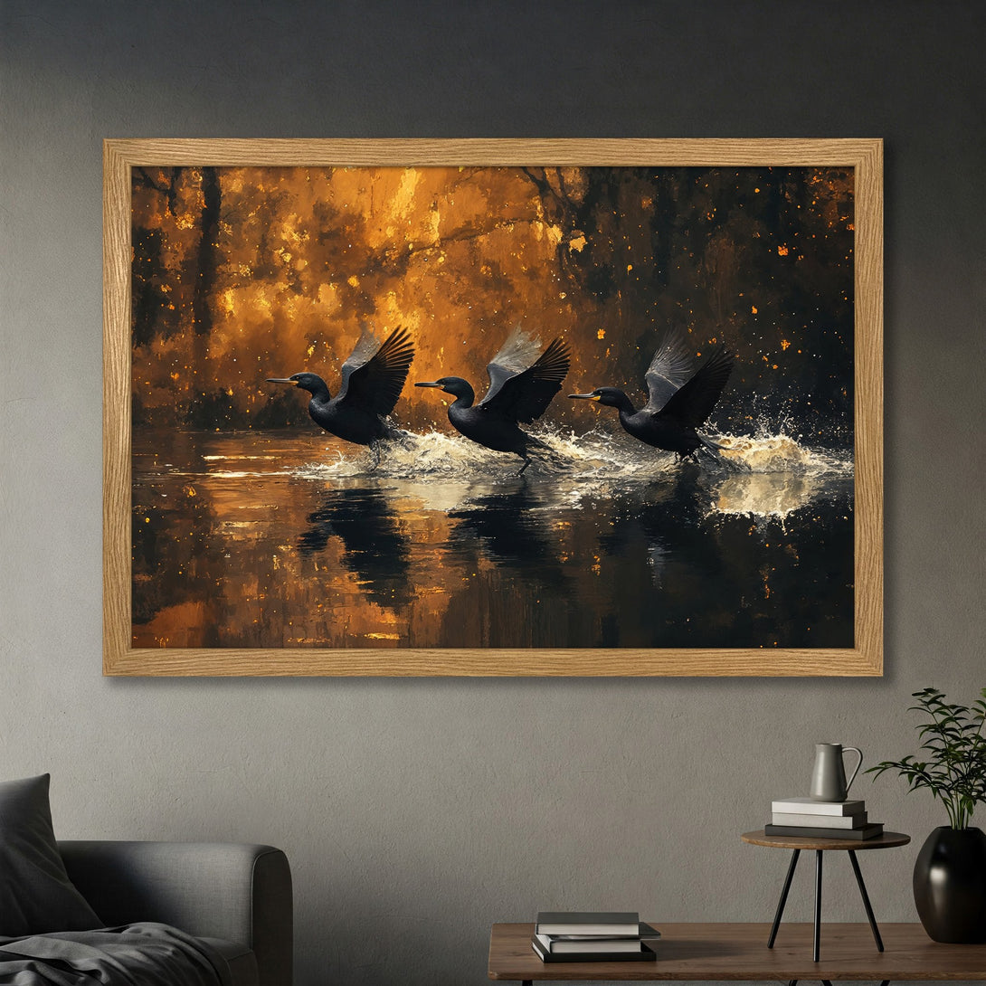 Framed Poster featuring birds in flight over water, with a warm, golden and black color palette, perfect for home decor.
