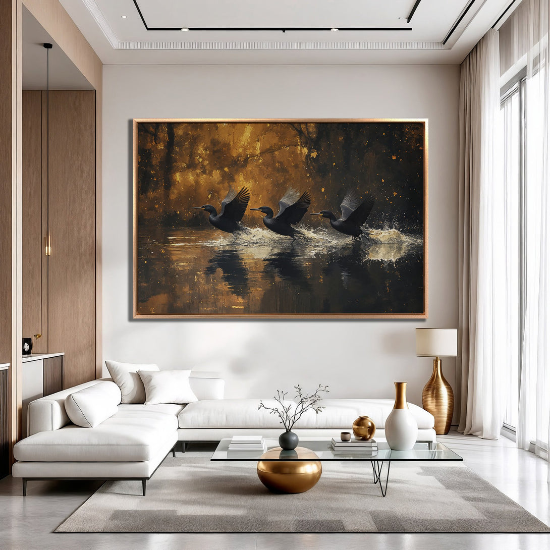 Framed Wall Art: Stunning canvas print of birds taking flight over water. Dramatic, painterly style with a warm gold and black color palette. Elevate your space!