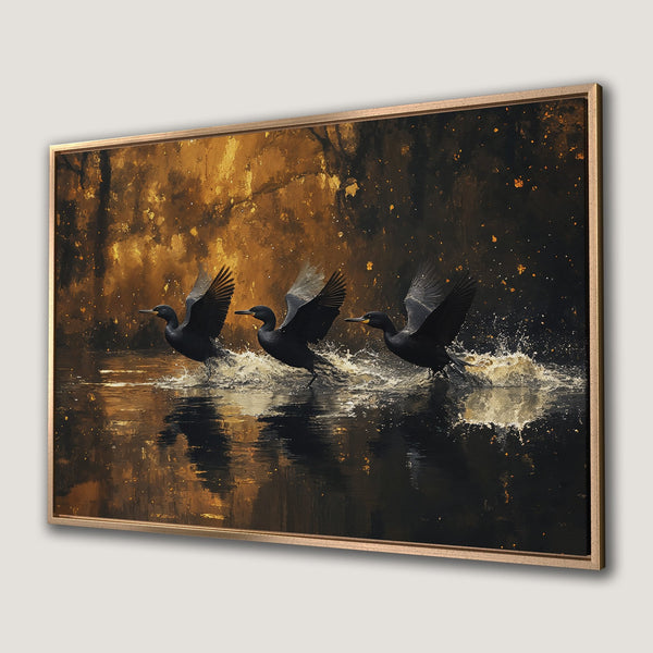 Framed Wall Art: Abstract painting of cormorants taking flight, rich gold and black tones, perfect for modern home decor.
