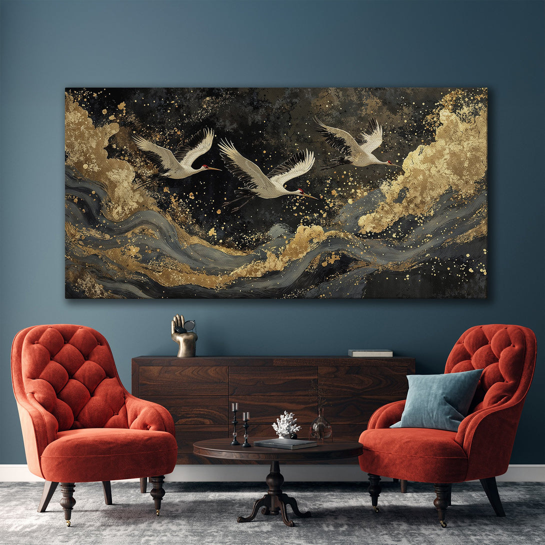 Framed Wall Art: Elegant crane painting in gold, black, and gray tones. Modern art for living room decor. Enhance your space with this stunning canvas print.