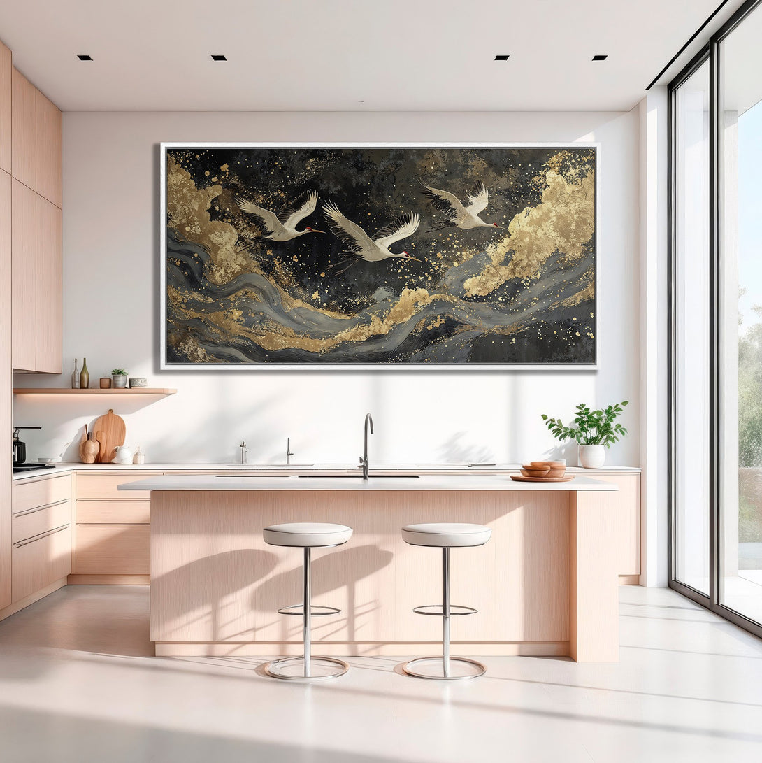 Framed Wall Art featuring cranes in flight, abstract style with gold & black color palette, perfect for kitchen decor.