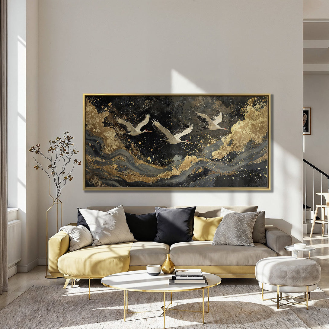 Canvas Print featuring elegant cranes in flight, a stunning black, gold, and gray abstract design. Perfect for modern home decor.