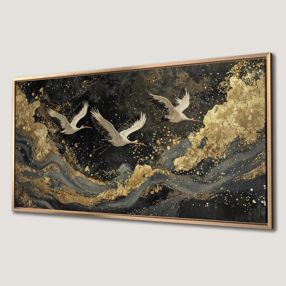 Framed Wall Art: Elegant crane painting in a Japanese style, featuring a black, gold, and gray color palette. Perfect for adding sophistication to any room.