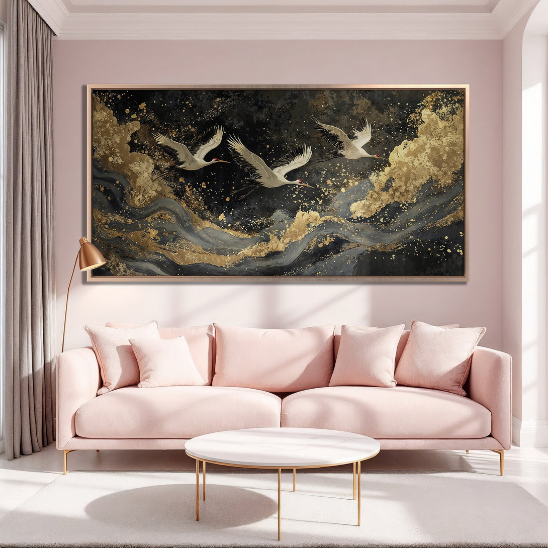 Framed Wall Art: Abstract crane painting in gold, black, and gray. Modern canvas print adds elegance to any room with a pink and gold color palette.