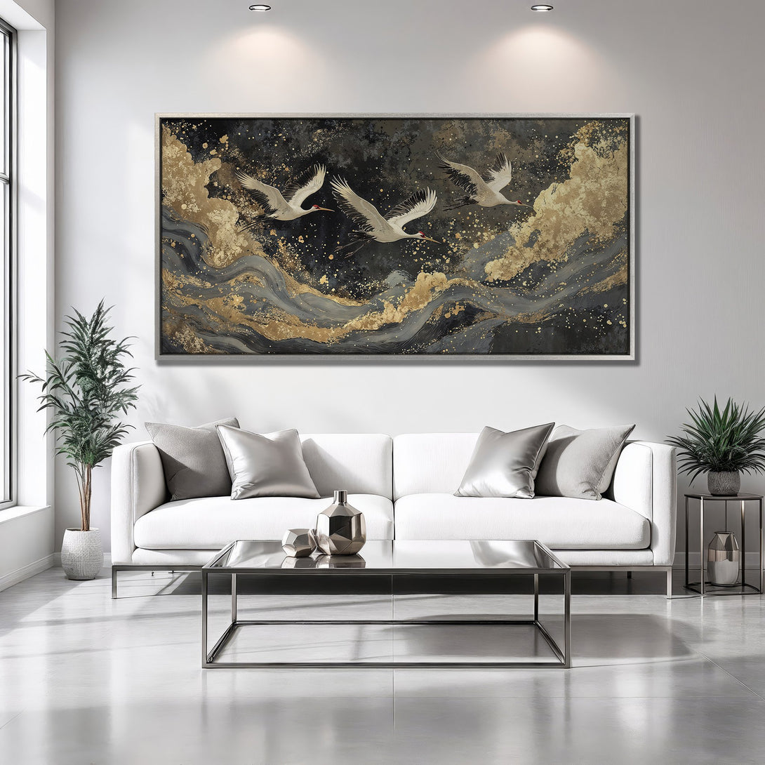 Framed Wall Art: Cranes in flight, abstract style, gold & black palette. Modern canvas print for living room decor.