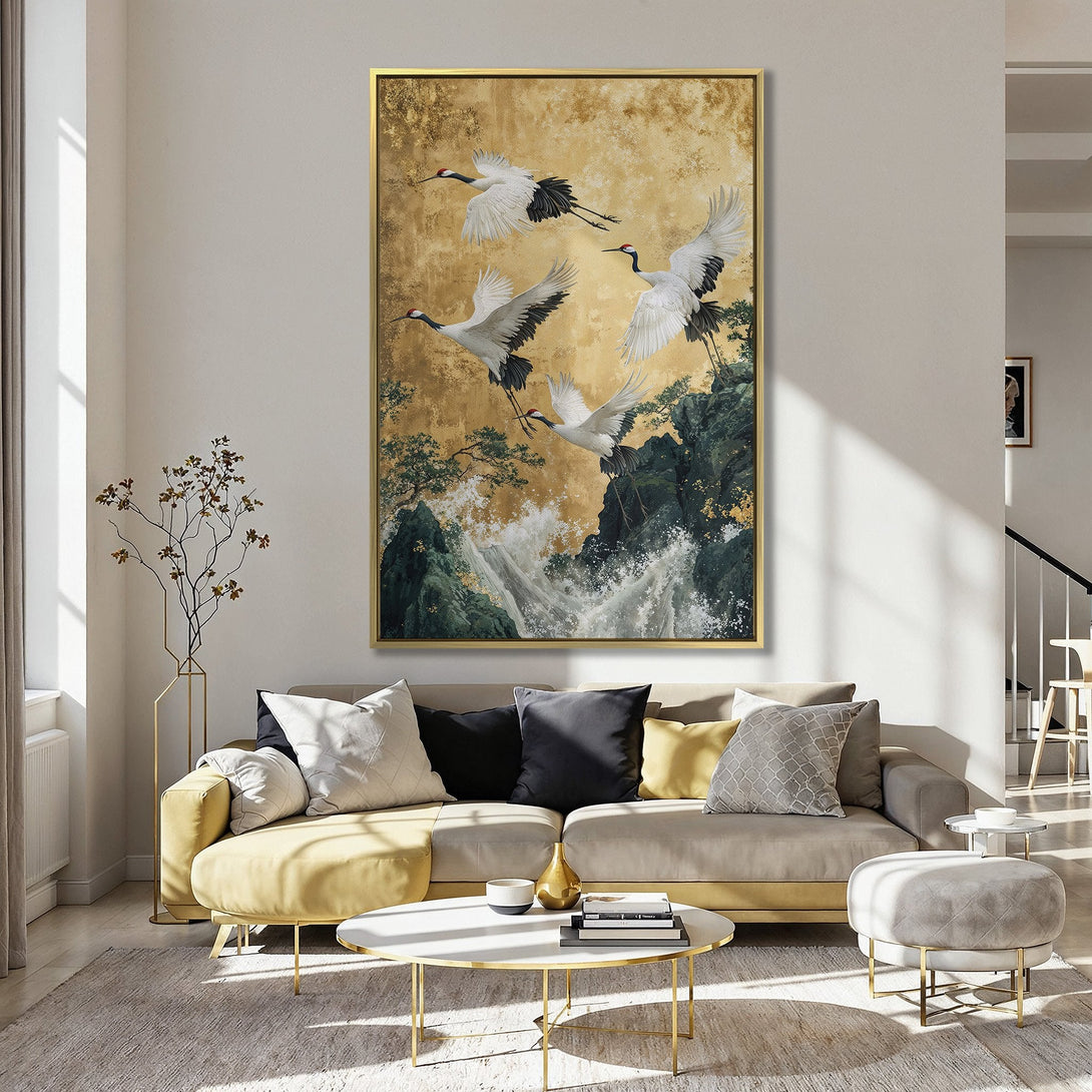 Canvas Print of elegant cranes in flight, Japanese-inspired art with gold, black, and white tones, perfect for adding a touch of zen to your home.