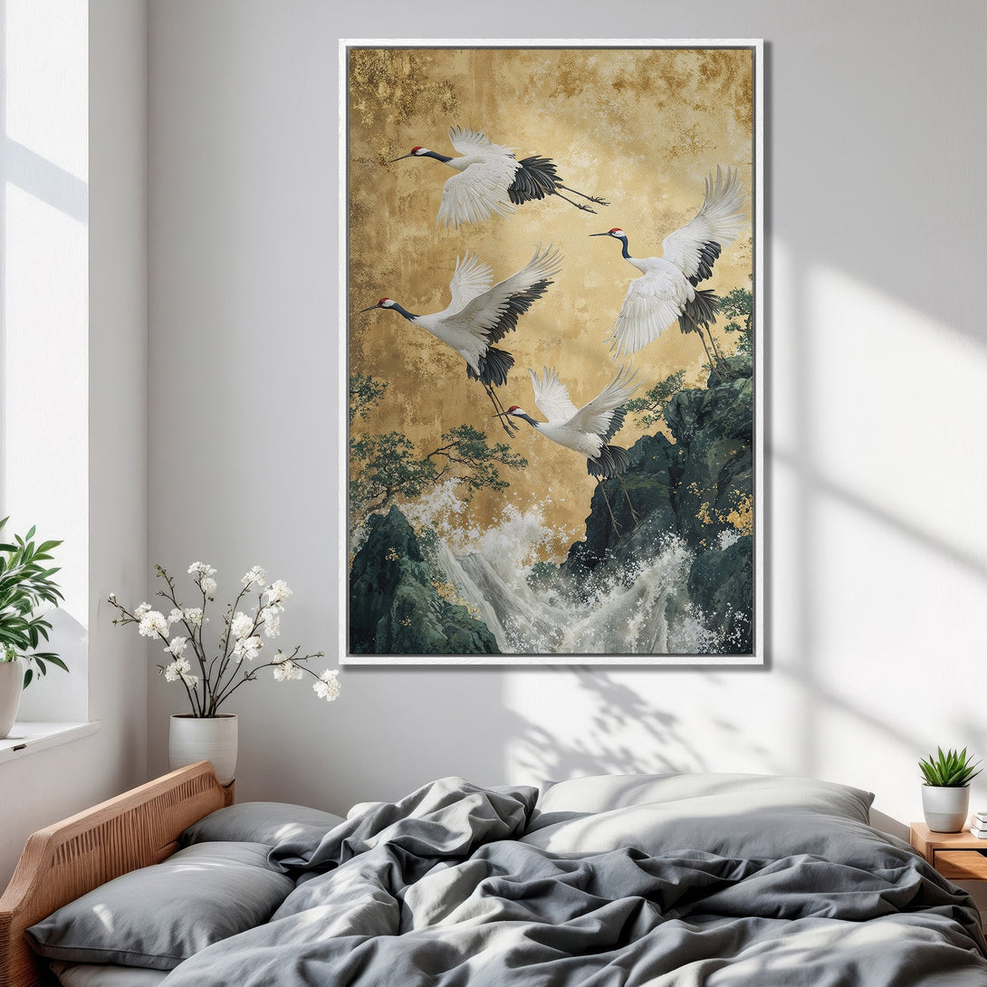 Framed Wall Art featuring Japanese cranes in flight. Elegant, Asian-inspired artwork with a gold and green color palette. Perfect for bedroom decor.