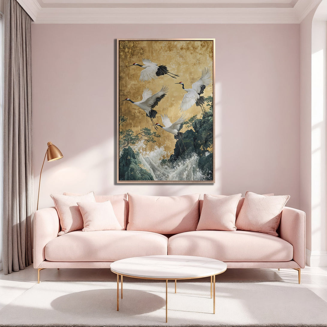 Framed Wall Art featuring elegant cranes in flight, gold and green tones, perfect for adding a touch of zen to your living room.
