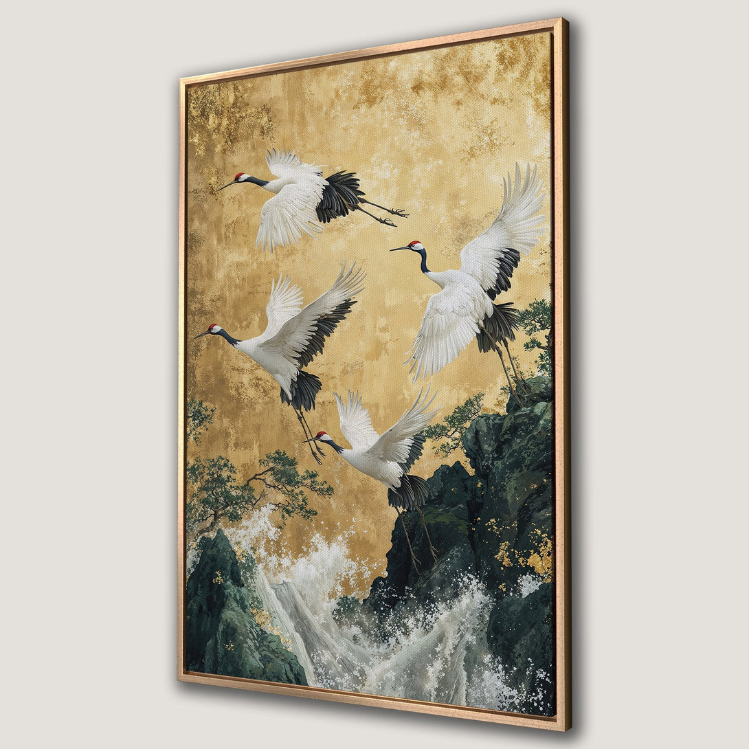 Framed Wall Art featuring elegant cranes in flight over a waterfall. Stunning gold and green color palette, perfect for adding a touch of zen to your space.