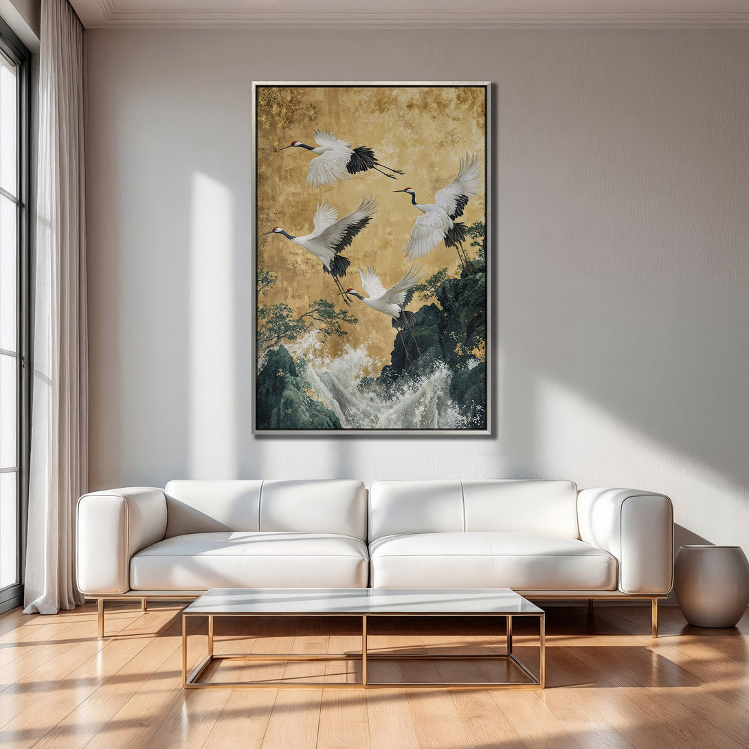 Framed Wall Art: Japanese crane painting in gold, green, and white. Elegant decor for living room. Enhance your space with this stunning artwork.