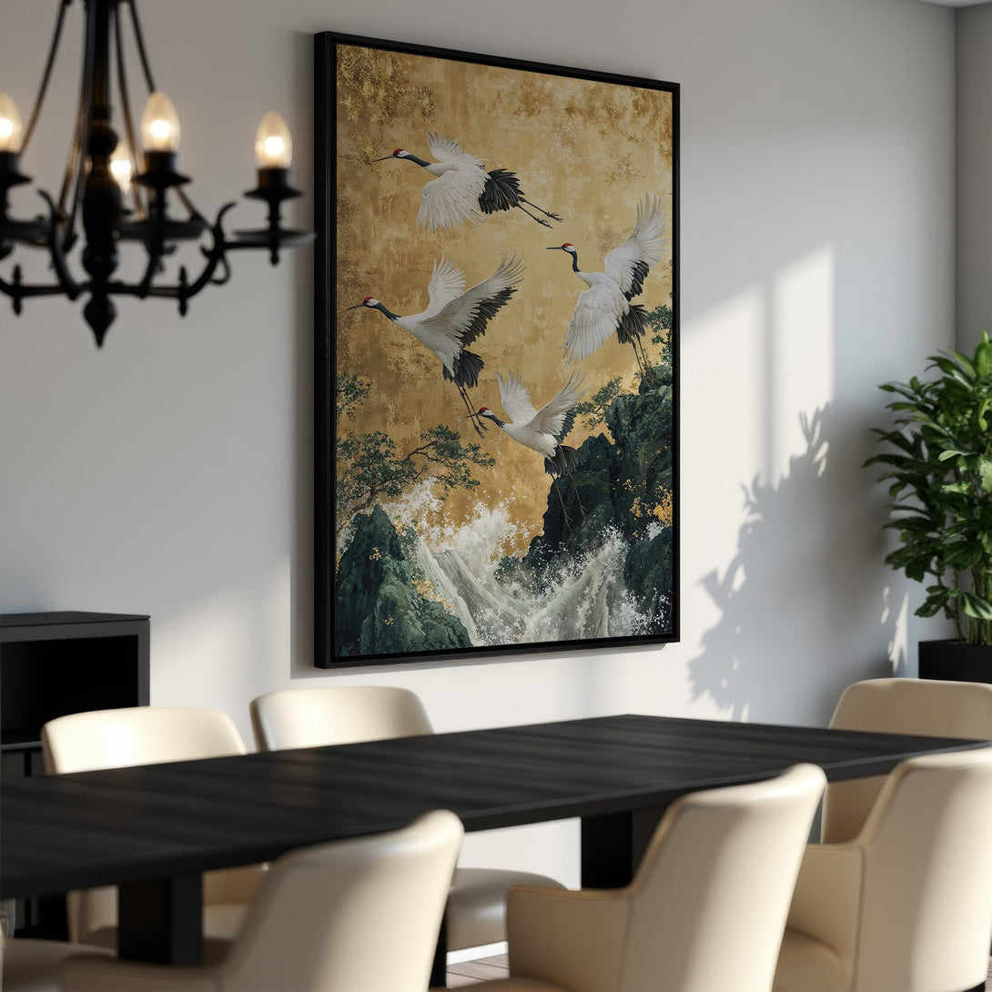 Framed Wall Art featuring elegant cranes in flight. Asian-inspired style with gold, white, and black tones. Perfect for dining room decor.