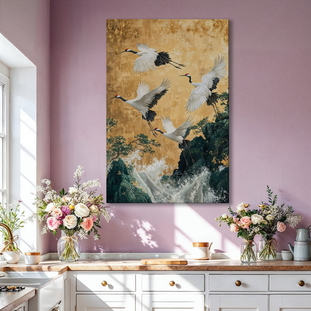 Framed Wall Art featuring elegant cranes in flight, a stunning piece with a gold, green, and white color palette. Perfect for adding a touch of zen to your home.