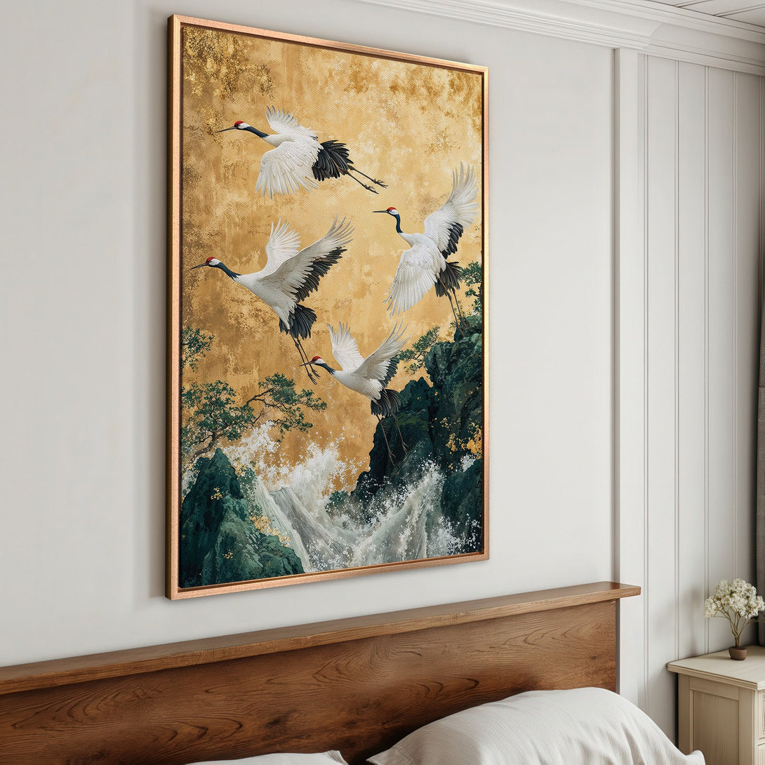 Framed Wall Art featuring cranes in flight, gold and green landscape. Elegant canvas print for bedroom decor.