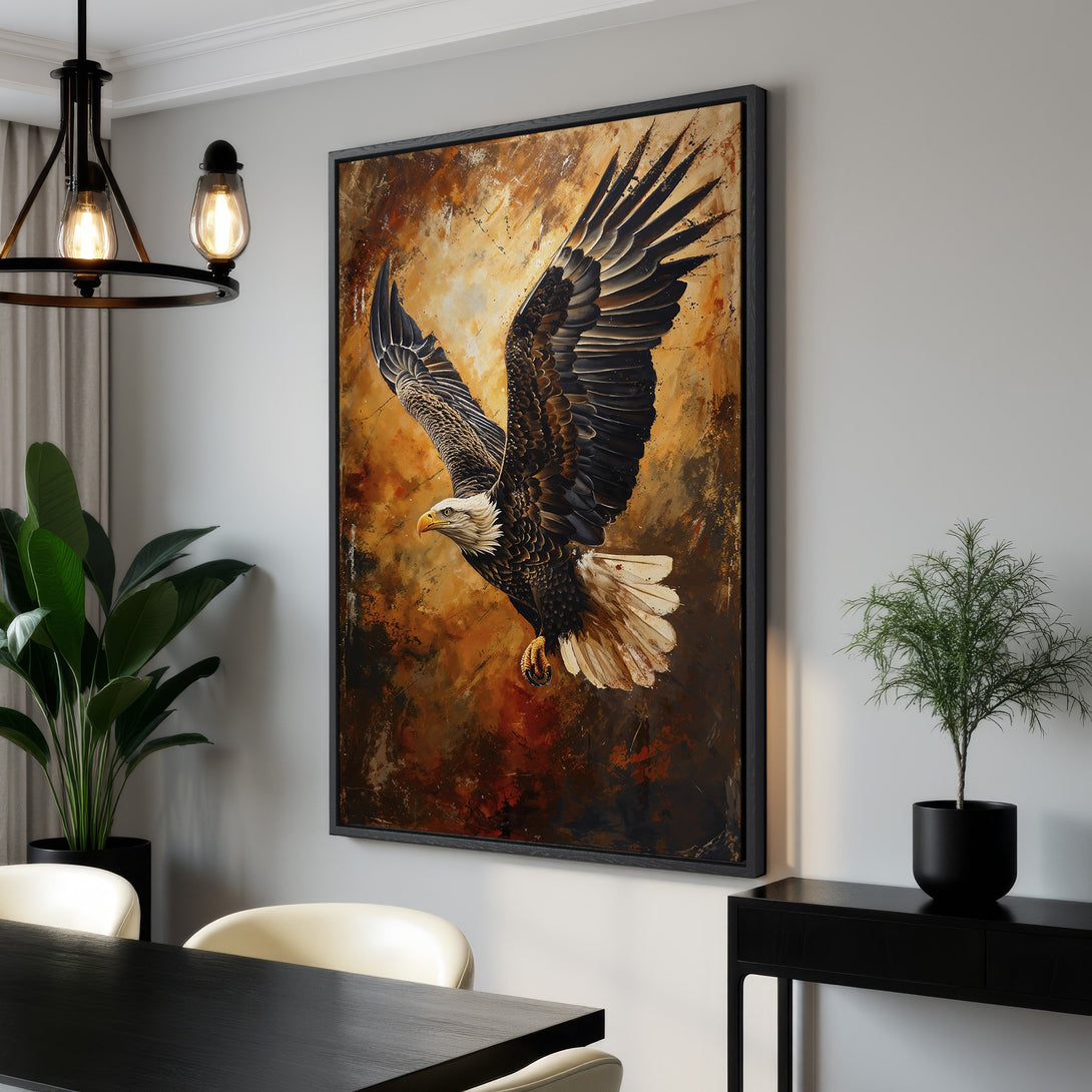 Framed Wall Art: Majestic eagle soaring. Abstract style with warm brown and orange tones. Perfect for adding a touch of nature and elegance to your home decor.