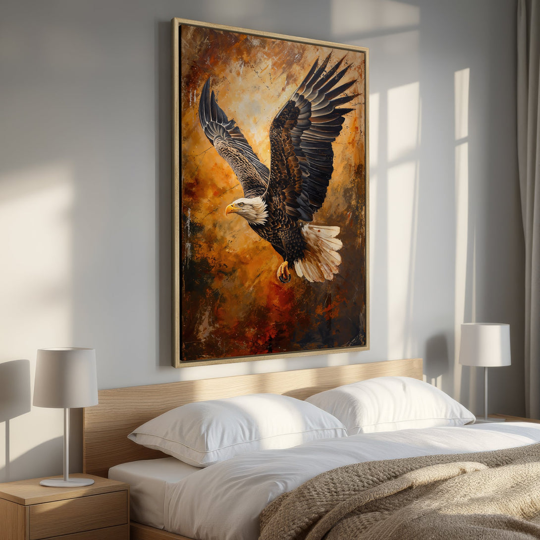 Framed Wall Art: Majestic eagle canvas print in warm earth tones. Adds a touch of nature and elegance to any bedroom decor. Shop now!