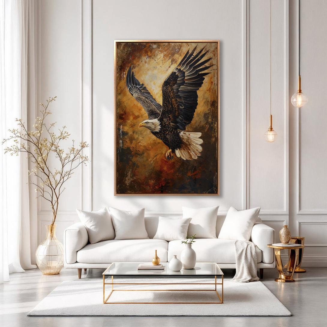 Framed Wall Art: Majestic eagle canvas print in a warm, earthy palette. Perfect for adding a touch of nature and elegance to your living space. Shop now!