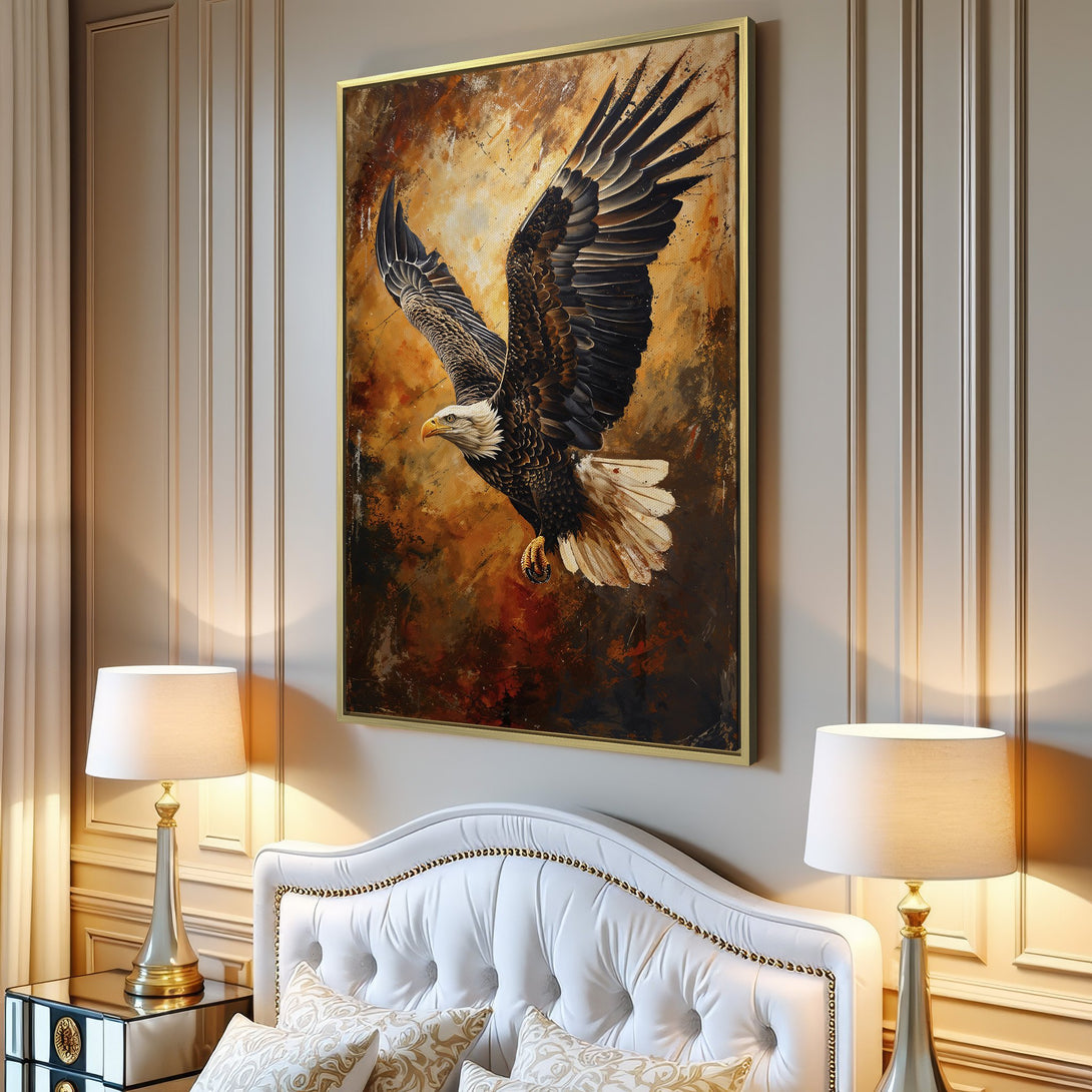 Canvas Print of a soaring eagle in a warm, abstract style. Earthy tones create a dramatic focal point for your living room.