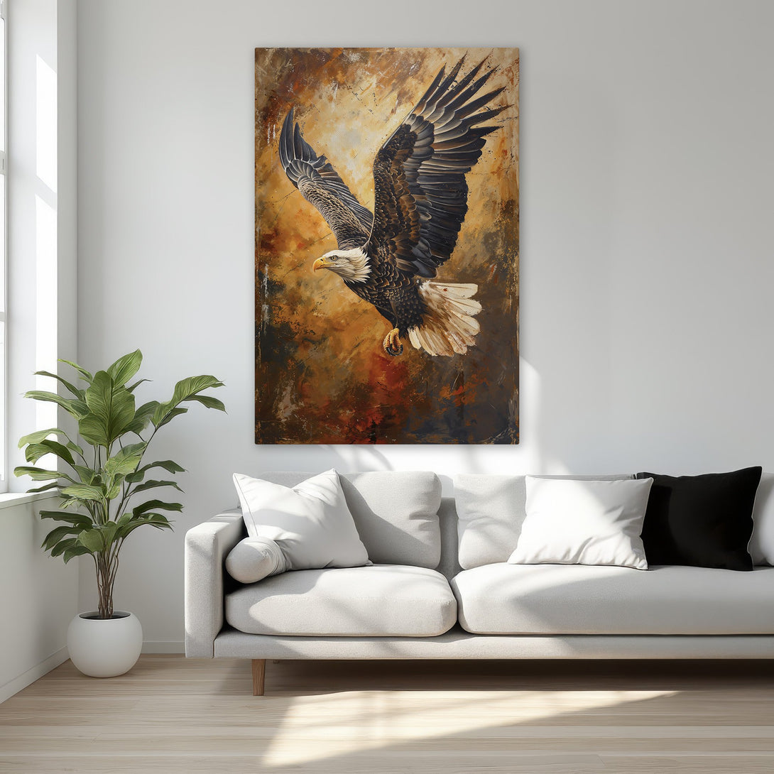 Framed Wall Art: Majestic eagle canvas print in warm earth tones. Adds a touch of elegance and power to any interior. Shop now!