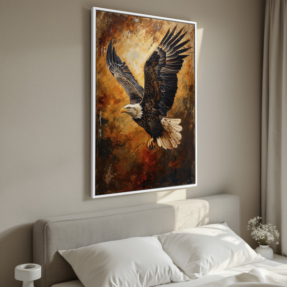 Framed Wall Art: Majestic eagle canvas print in warm earth tones. Add a touch of wildlife art to your home decor with this stunning piece.