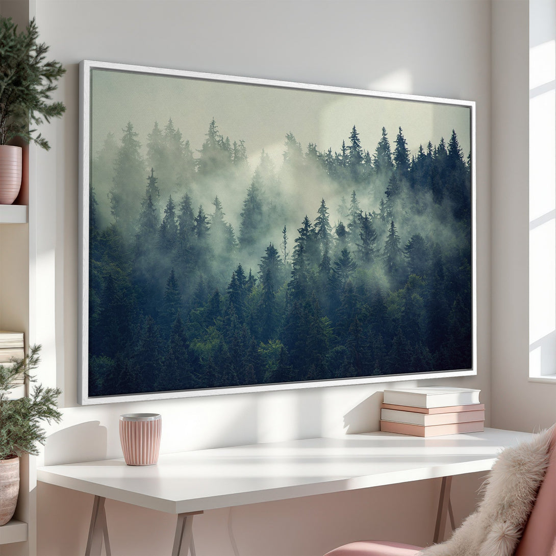 Framed Wall Art: Misty forest scene in green and blue hues. Serene landscape Canvas Print for modern home decor.