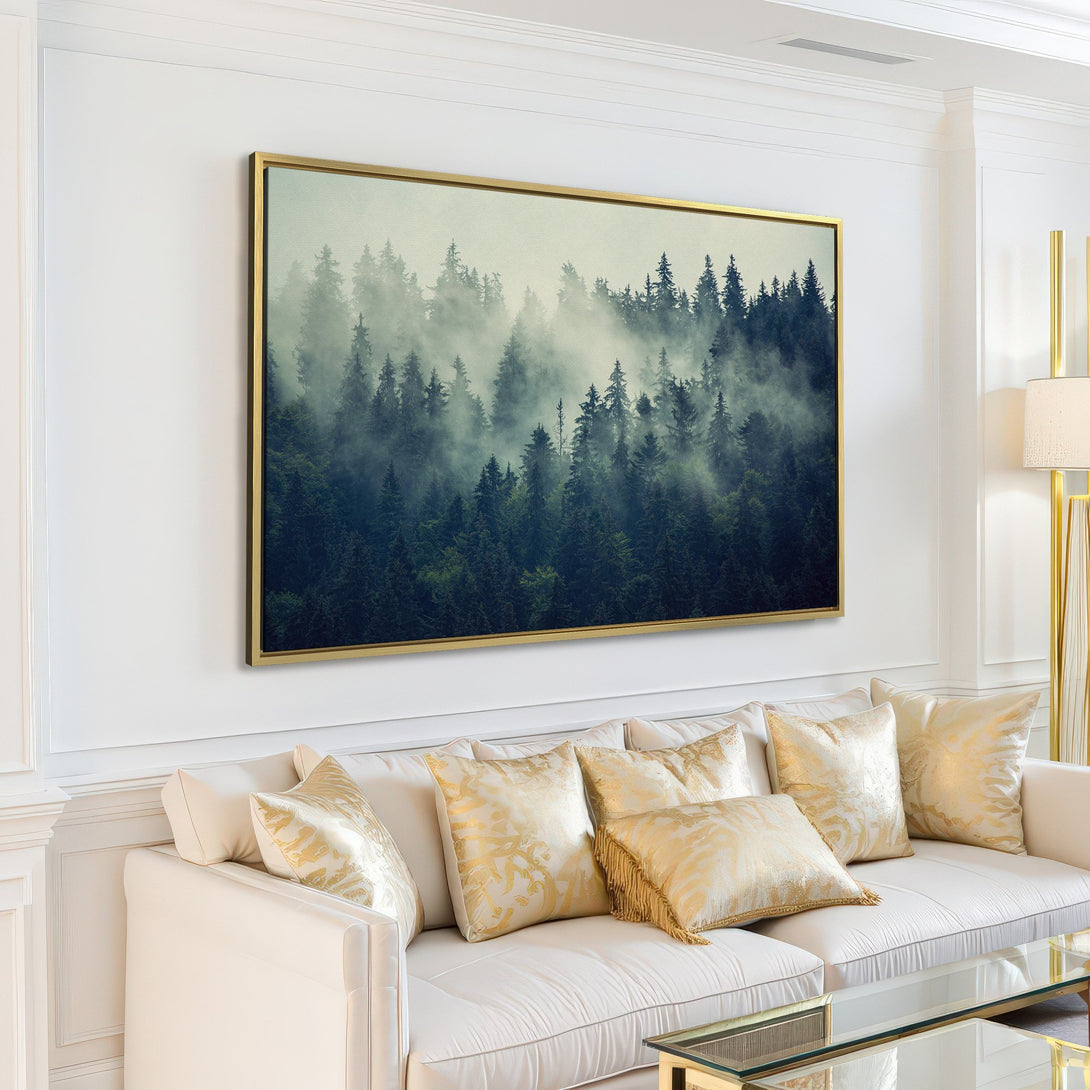 Canvas Print of a misty forest scene in cool blues and greens, perfect for adding a touch of nature to your living room.