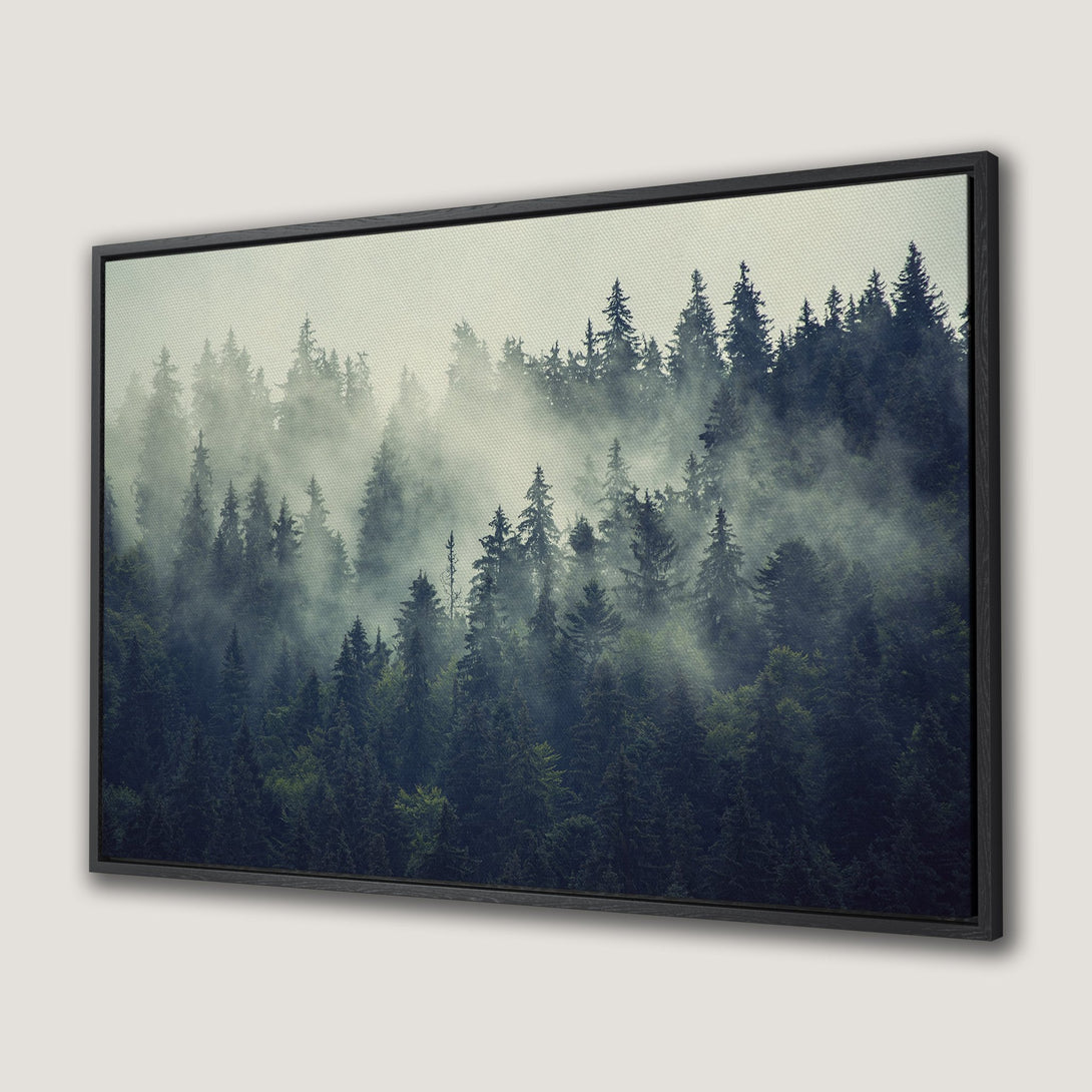 Canvas Print featuring a misty forest scene in a moody, natural style. Dark green and gray color palette for a calming aesthetic.