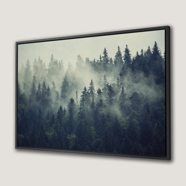 Canvas Print featuring a misty forest scene in a moody, natural style. Dark green and gray color palette for a calming aesthetic.