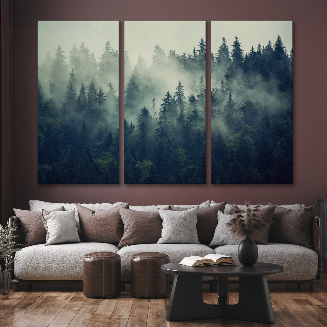 Canvas Print of a misty forest scene in a cool green and blue palette, perfect for adding a touch of nature to your home.