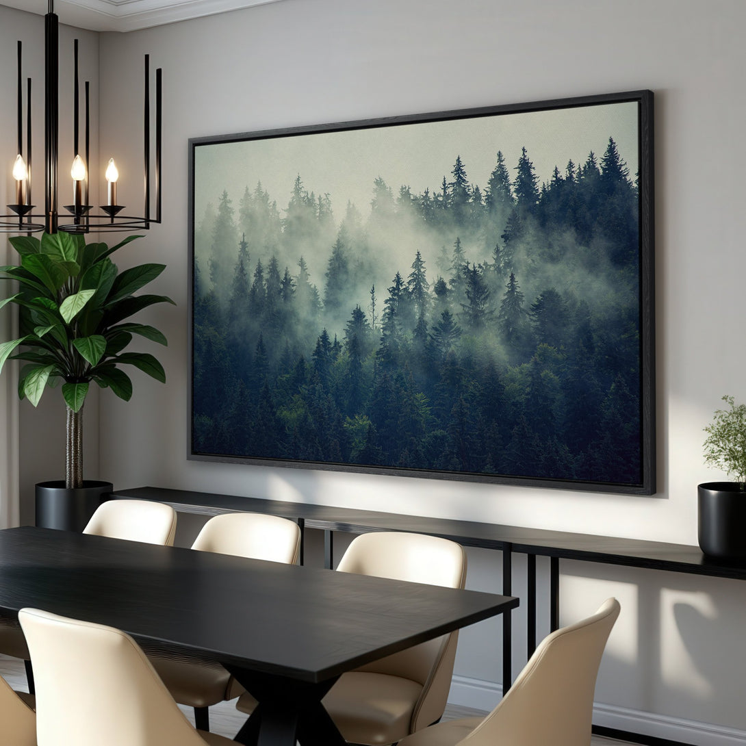 Framed Wall Art: Misty forest scene in green and blue tones. Modern landscape Canvas Print adds a serene touch to any interior decor.