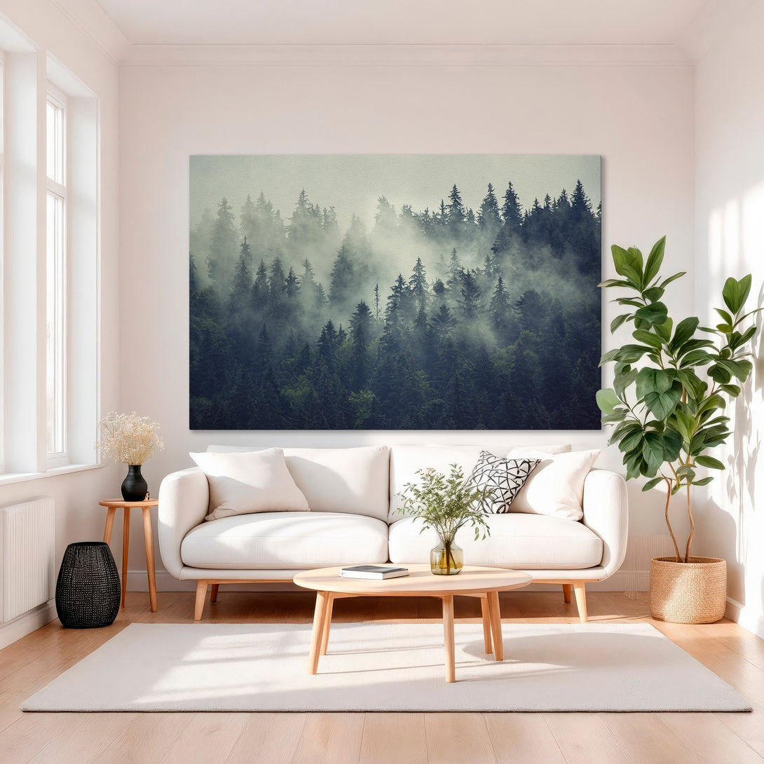 Framed Wall Art: Misty forest scene in blue and green tones. Enhance your living room with this elegant Canvas Print.