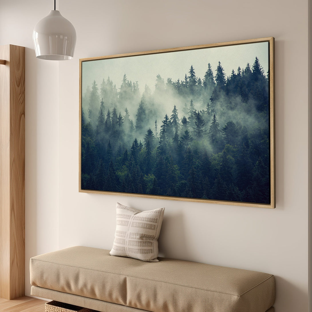 Framed Wall Art of a misty forest scene in a calming green and blue palette. Perfect for adding a touch of nature to your home decor.