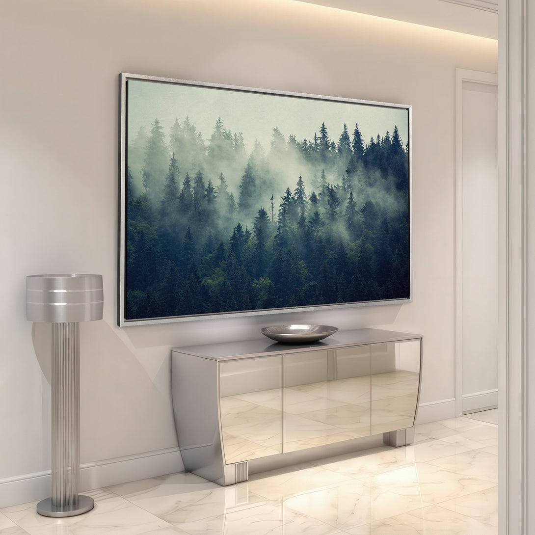 Framed Wall Art: Misty forest Canvas Print. Serene landscape art in cool green and blue tones, perfect for modern interior decor.