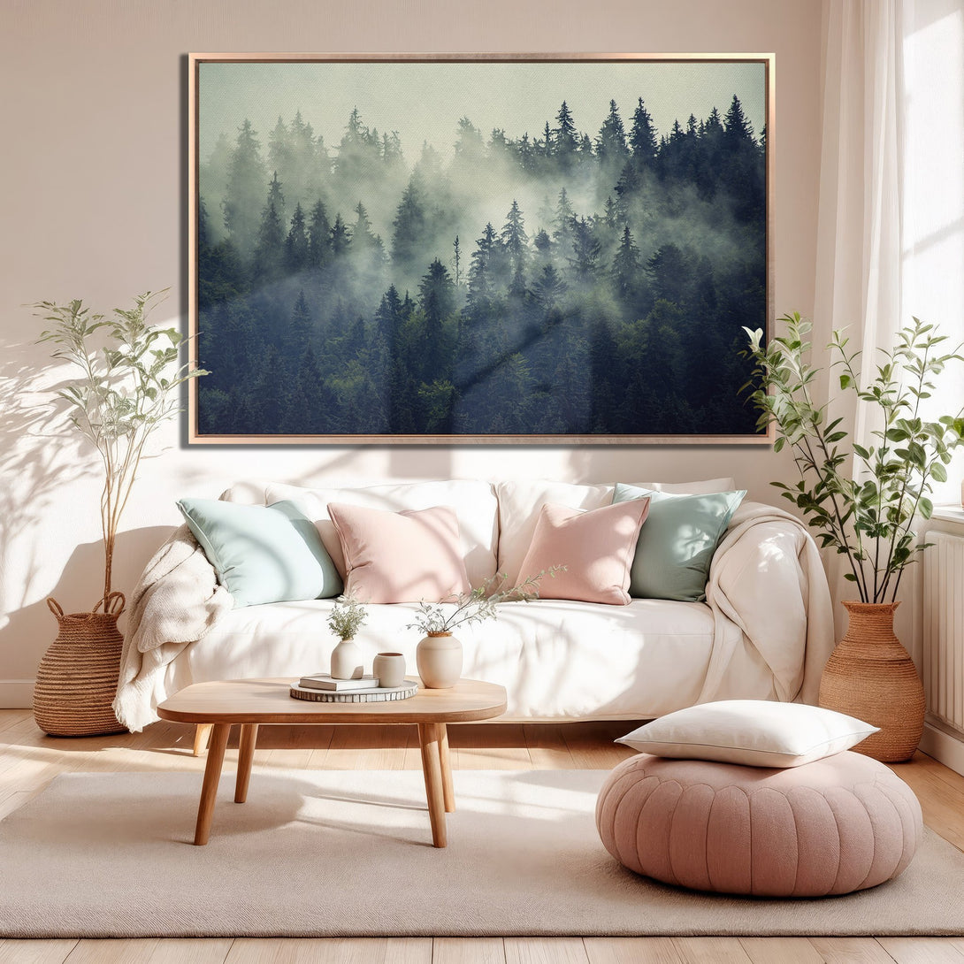 Framed Wall Art: Misty forest scene in green and blue tones. Modern canvas print adds a touch of nature to your living room decor.