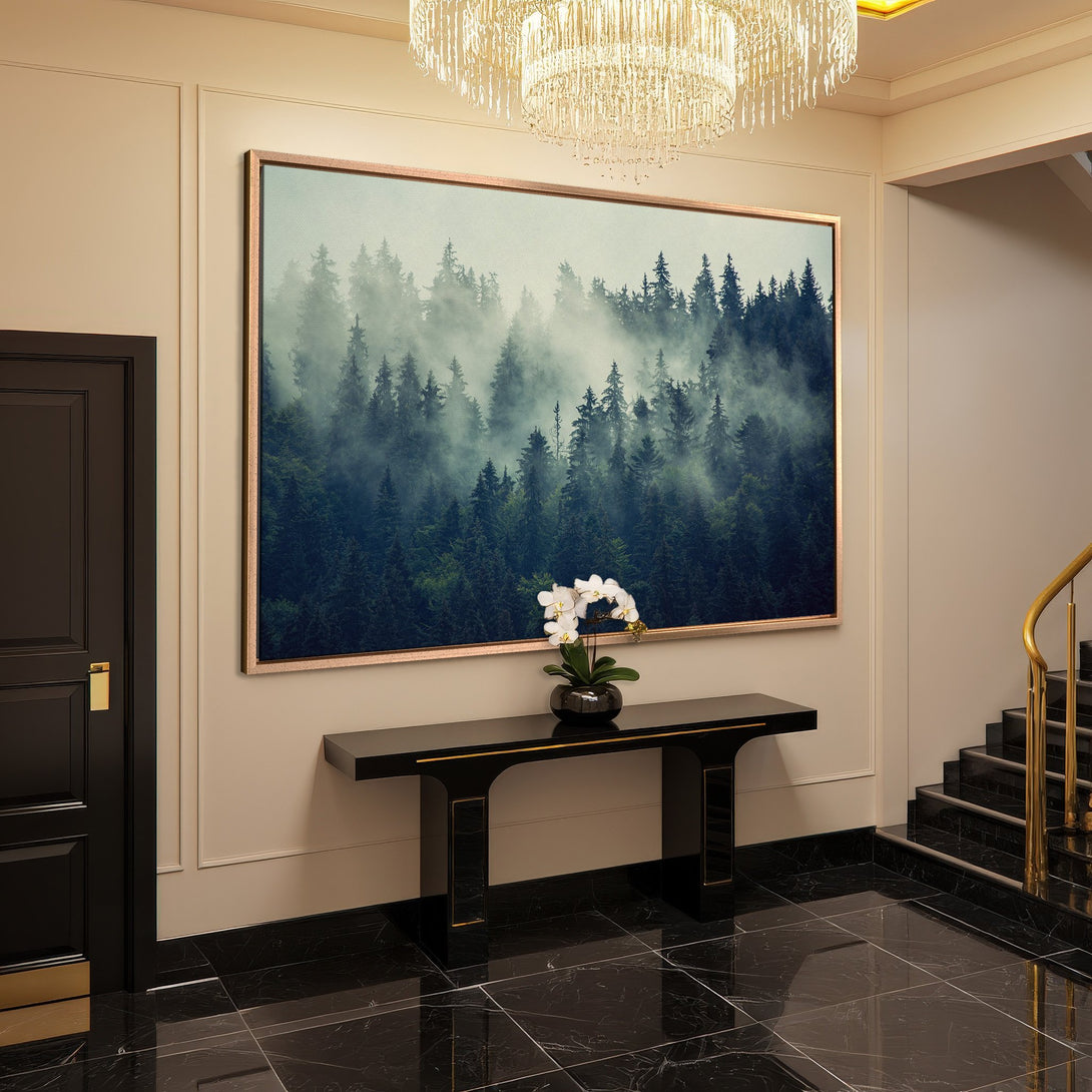 Framed Wall Art: Misty forest scene in blue and green hues. Enhance your space with this stunning canvas print. Perfect for modern decor.