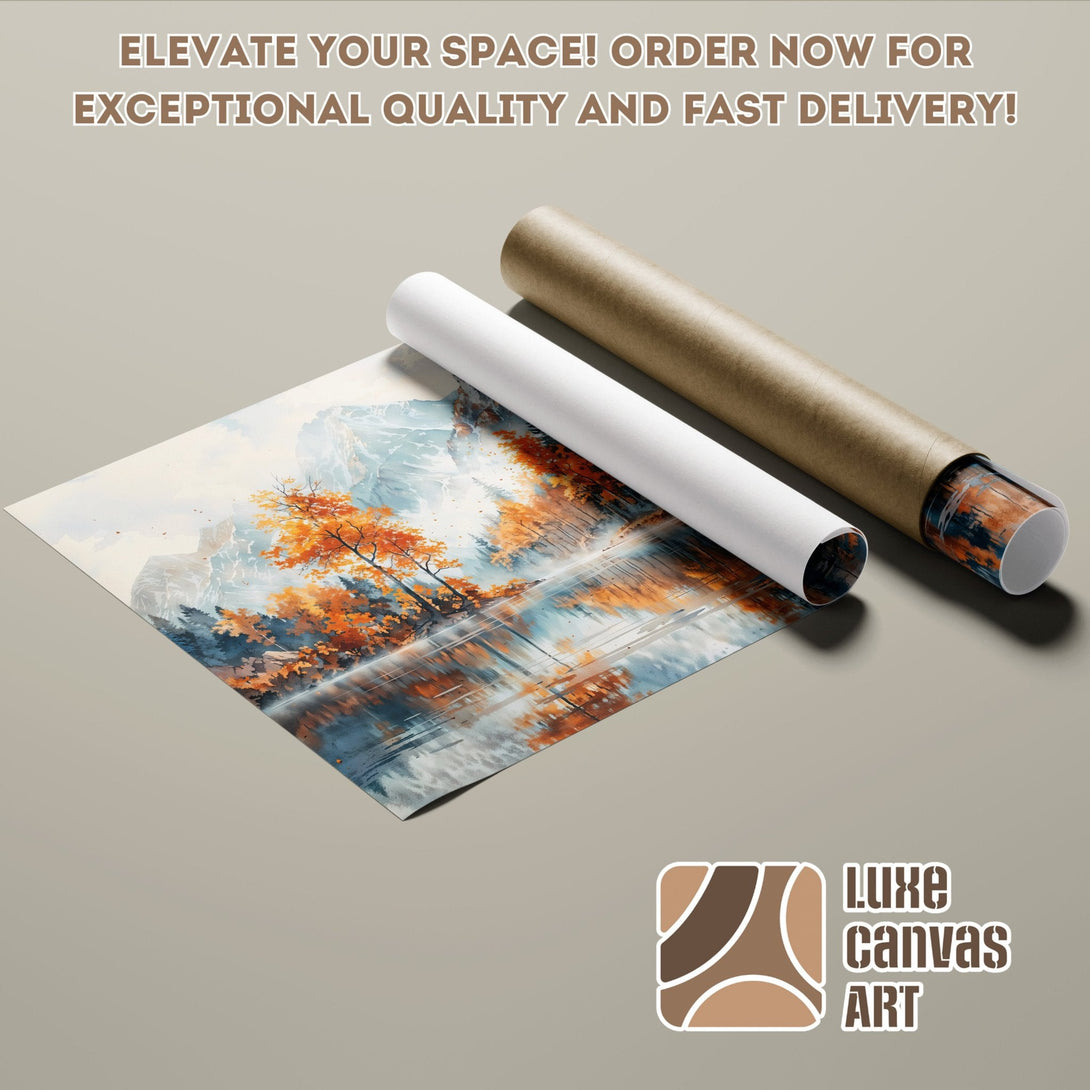 Poster Roll of autumn landscape art, watercolor style, with orange and blue hues.