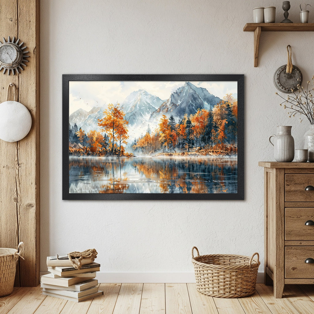 Framed Poster featuring a watercolor landscape of mountains and autumn trees. Warm orange and blue color palette, perfect wall art.