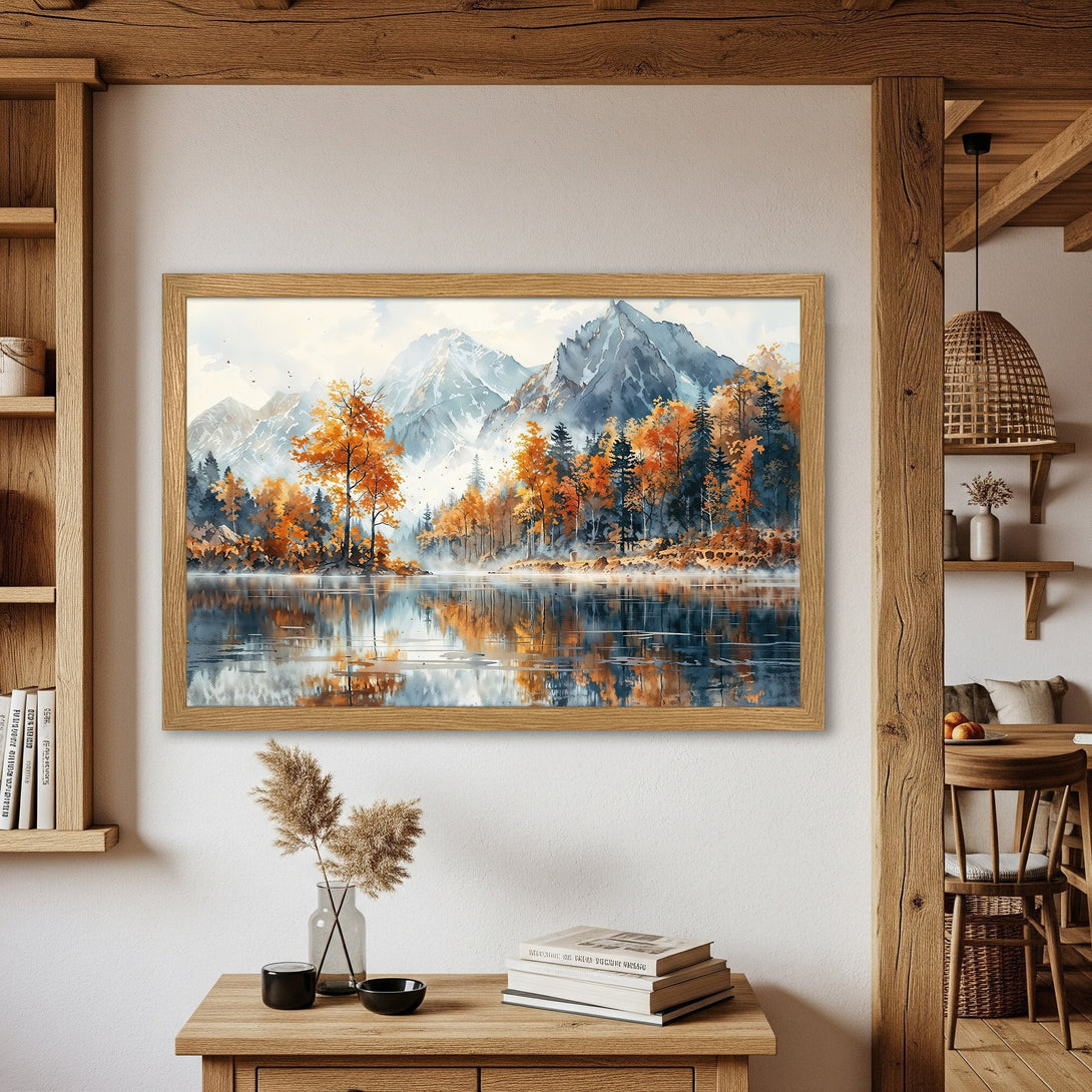Framed Poster of a serene mountain lake scene in watercolor style. Features autumn colors and a calming blue palette. Perfect wall art!