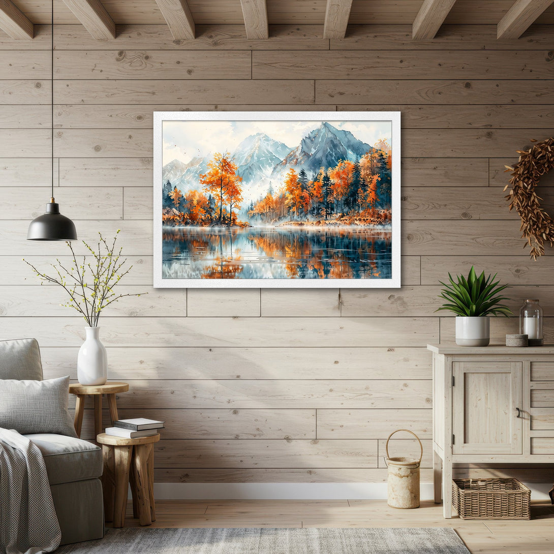 Framed Poster of a serene mountain landscape in watercolor style with autumn colors. Perfect wall art for your home!