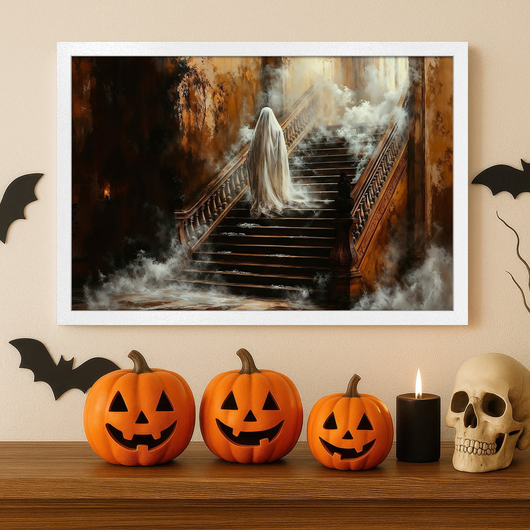 Framed Poster featuring a ghostly figure on a staircase, in a spooky, warm-toned style perfect for Halloween decor.