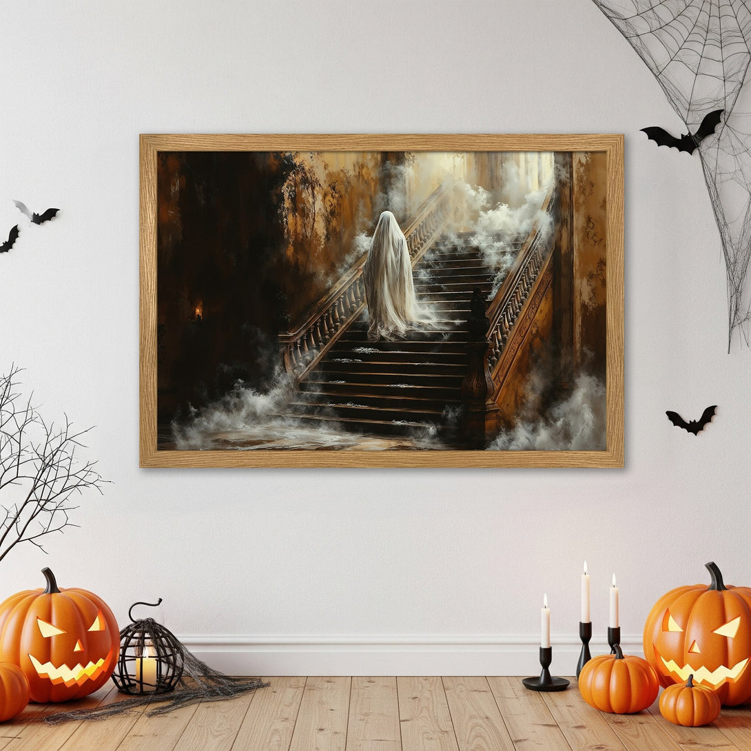 Framed Poster of a ghost on a staircase, a spooky Halloween art print in warm, dark tones. Perfect for your haunted home!
