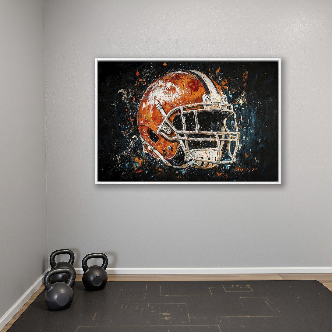 Framed Wall Art: Abstract football helmet art in orange, white, and black. Bold colors and modern style for sports decor. Elevate your space!
