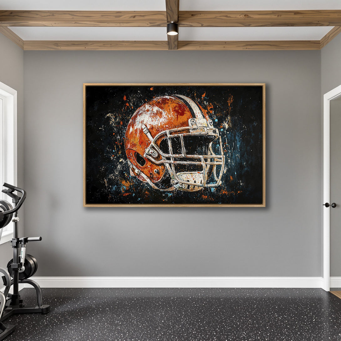 Framed Wall Art: Abstract football helmet art in orange, white, and blue. Modern canvas print for sports fans. Adds a pop of color to any room!