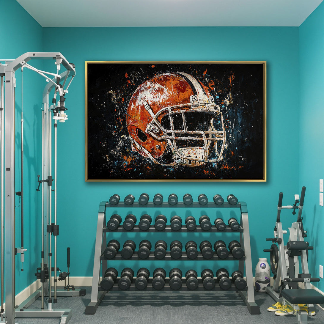 Canvas Print of a football helmet in an abstract style with orange, white, and black colors, perfect for gym or sports decor.