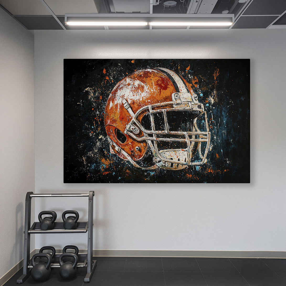 Framed Wall Art: Abstract football helmet canvas print with orange, black, and teal color palette. Perfect for home gym decor.