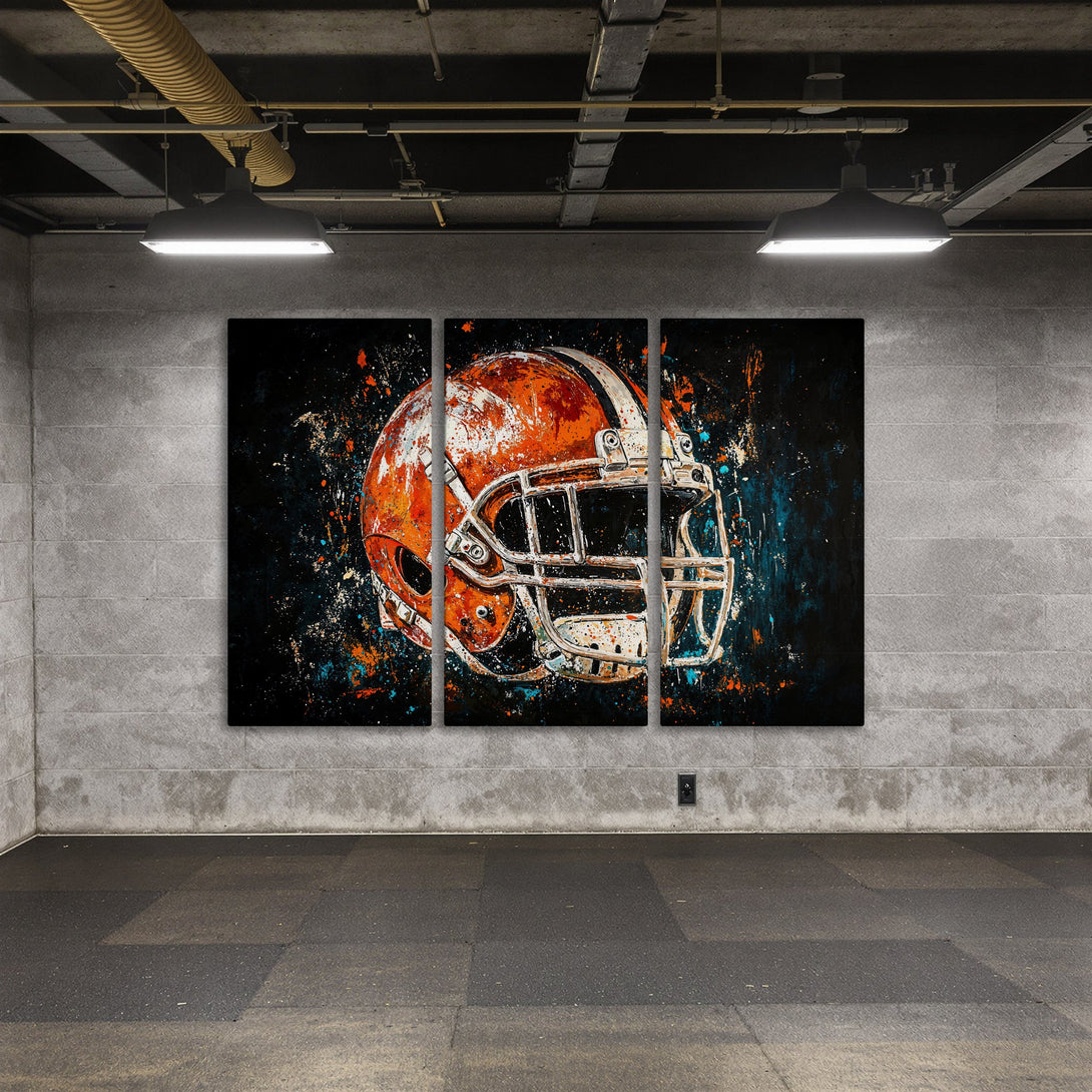 Abstract Canvas Print of a football helmet in orange, white, and blue against a black background. Modern wall art for sports fans.