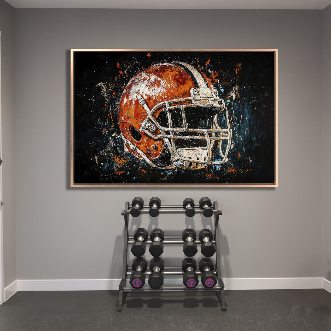 Framed Wall Art: Abstract football helmet art in orange, white, and blue. Perfect for sports fans! Adds a pop of color to any space.